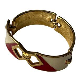 Vintage Monet Gold-Tone Red & Cream Enamel Hinged Bracelet